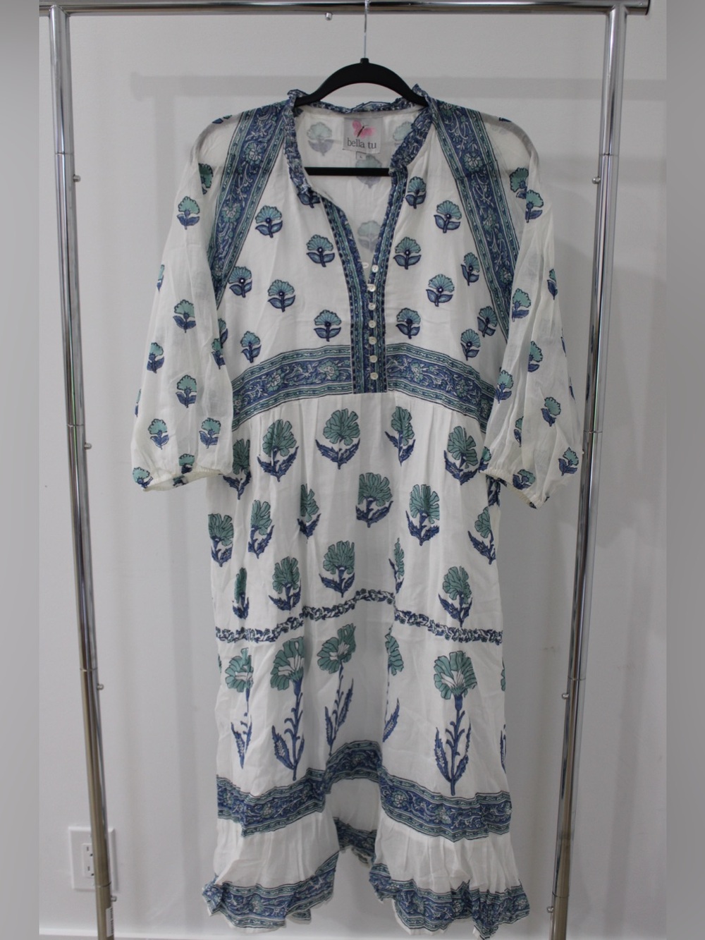 Bella Tu White Midi Dress with Blue & Green Floral Print